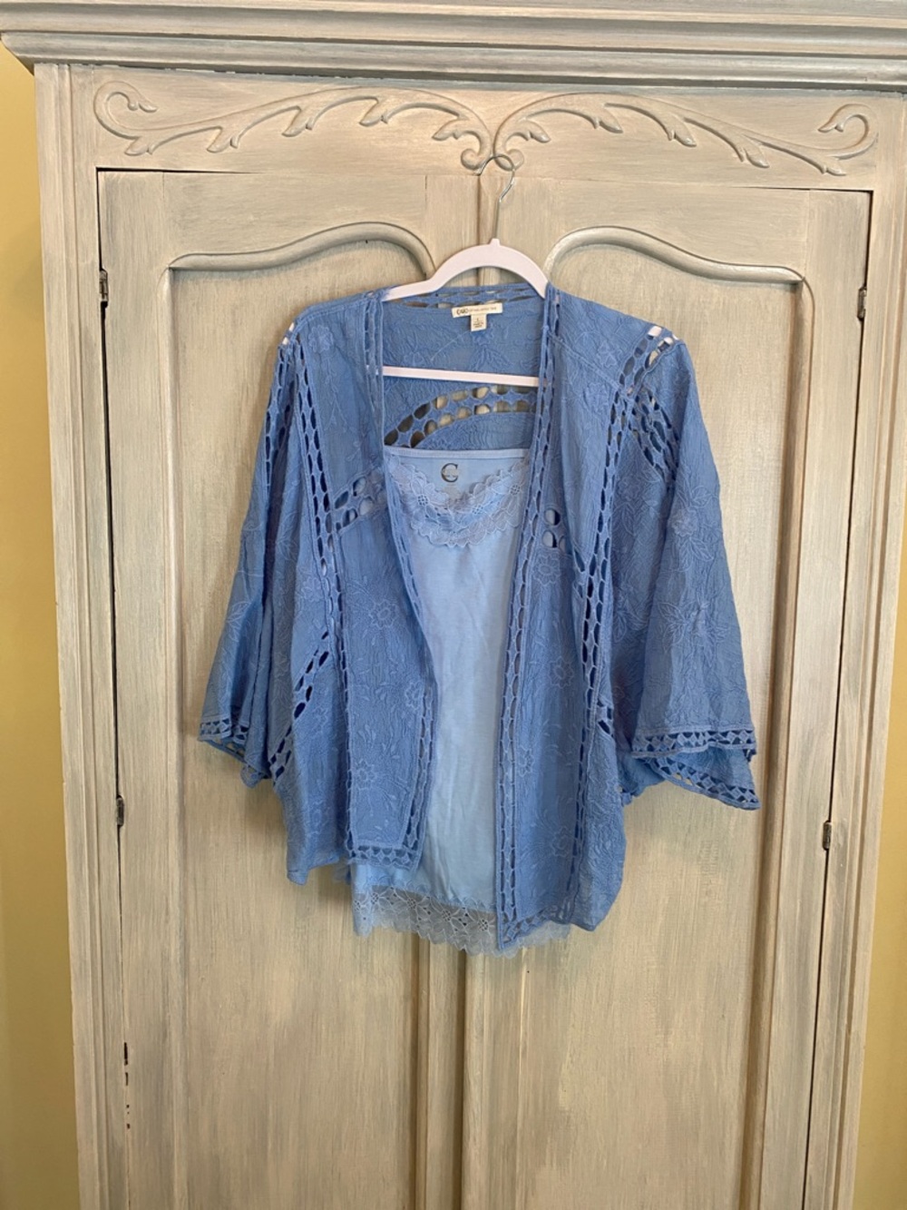 Cato Blue Lace Open-Front Kimono Top with Tank